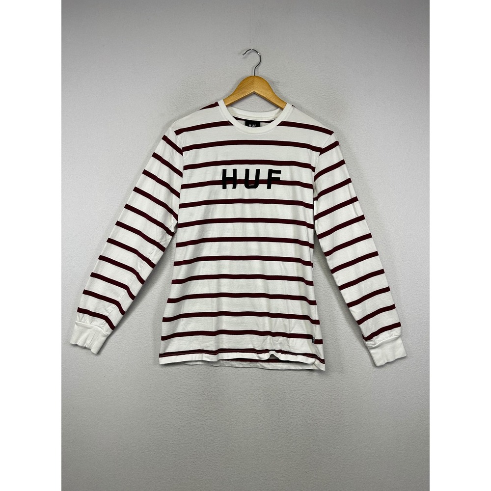 Streetwear HUF‎ Mens Medium White Burgundy Striped Long Sleeve Logo T-Shirt
